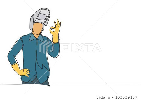 Single continuous line drawing welder with gesture okay works in the construction of building forming steel frame that is melted by fire. Dynamic one line draw graphic design vector illustration 103339157