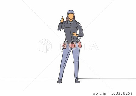 Continuous one line drawing handywoman stands with thumbs-up gesture and tools such as pliers, screwdriver, hammer that is placed on his work shirt. Single line draw design vector graphic illustration 103339253