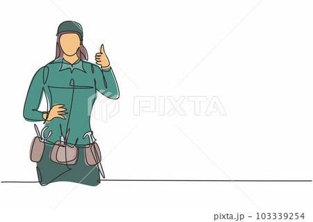 Continuous one line drawing handywoman with thumbs-up gesture is ready to work on repairing the damaged part of the house in a professional manner. Single line draw design vector graphic illustration 103339254