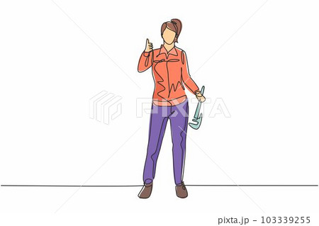 Single one line drawing of plumber woman stands with the gesture of raising his thumb and holding a carpentry tool fixing a broken plumbing. Continuous line draw design graphic vector illustration. 103339255