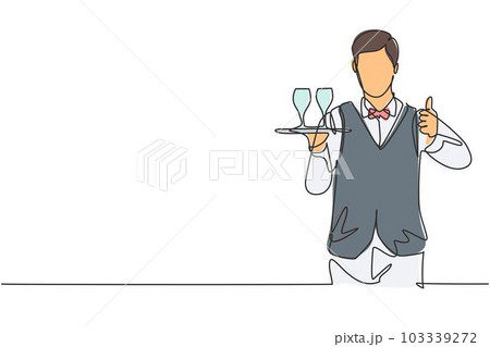 Single continuous line drawing waiter with a gesture raised his thumb and brought a tray of drinking glasses serving visitors at the cafeteria. Dynamic one line draw graphic design vector illustration 103339272