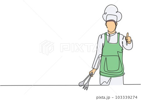 Single one line drawing of the chef with thumbs-up gestures and uniforms is ready to cook meals for guests at famous restaurants. Modern continuous line draw design graphic vector illustration. 103339274
