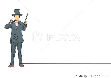 Single one line drawing of magician stands with a thumbs-up gesture wearing a hat and holding a magic wand performing tricks at a circus show. Continuous line draw design graphic vector illustration. 103339275