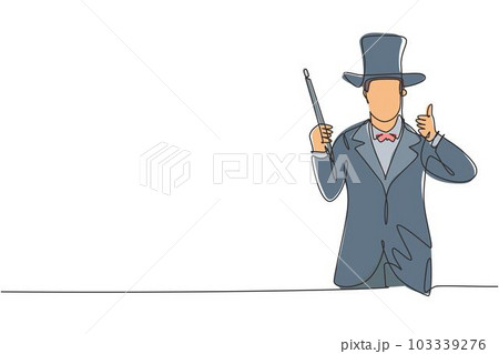 Single continuous line drawing magician with a gesture thumbs up wearing a hat and holding a magic stick ready to entertain the audience. Dynamic one line draw graphic design vector illustration. 103339276