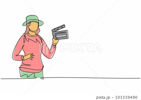 Continuous one line drawing of young female film director hold clapper board with hands on hip. Professional job profession minimalist concept. Single line draw design vector graphic illustration Continuous one line drawing of young female film director hold clapper board with hands on hip. Professional job profession minimalist concept. Single line draw design vector graphic illustration 103339490