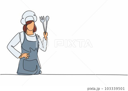 Single one line drawing of young beauty female chef posing with hands on hip. Professional work profession and occupation minimal concept. Continuous line draw design graphic vector illustration Single one line drawing of young beauty female chef posing with hands on hip. Professional work profession and occupation minimal concept. Continuous line draw design graphic vector illustration 103339501