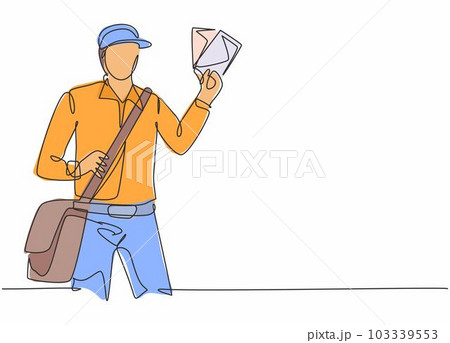 Single continuous line drawing of young postman holding envelopes to be sent to customer. Professional work job occupation. Minimalism concept one line draw graphic design vector illustration 103339553