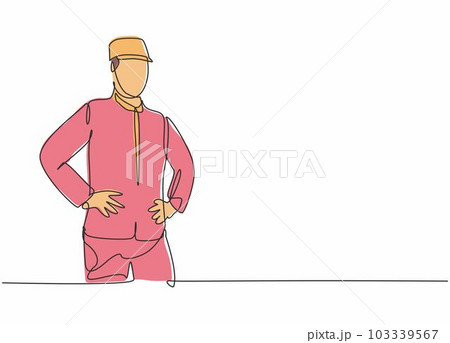 Single one line drawing of young bellboy wearing suit to wait the hotel guests. Professional work profession and occupation minimal concept. Continuous line draw design graphic vector illustration 103339567