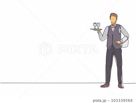 Single continuous line drawing of young male waiter pose standing while bringing tray with glass. Professional work job occupation. Minimalism concept one line draw graphic design vector illustration 103339568