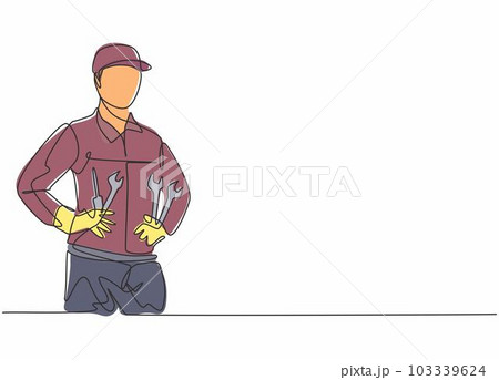 Single continuous line drawing of young man mechanic holding wrench set at car workshop garage. Professional work job occupation. Minimalism concept one line draw graphic design vector illustration 103339624