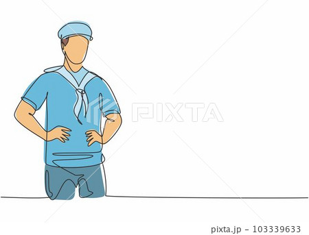Continuous one line drawing of young sailor man wearing sailing uniform with hat before have a sail. Professional job profession minimalist concept. Single line draw design vector graphic illustration 103339633
