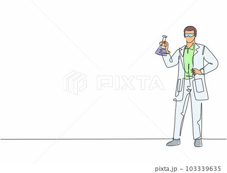 Continuous one line drawing of young male scientist holding flask contain illness vaccine formula. Professional job profession minimalist concept. Single line draw design vector graphic illustration 103339635