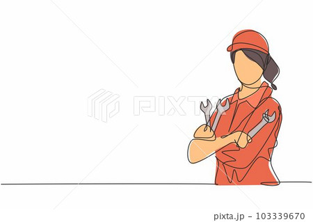 Continuous one line drawing of young female mechanic pose cross arms while holding set of wrench. Professional job profession minimalist concept. Single line draw design vector graphic illustration Continuous one line drawing of young female mechanic pose cross arms while holding set of wrench. Professional job profession minimalist concept. Single line draw design vector graphic illustration 103339670
