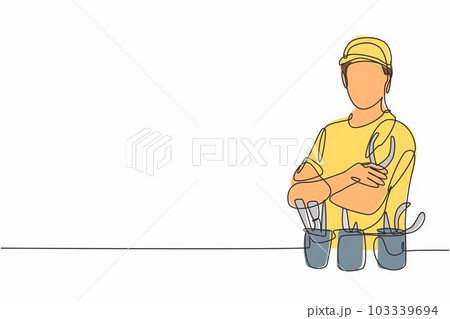 Single continuous line drawing of young handsome handyman posing cross arms on chest before work. Professional work job occupation. Minimalism concept one line draw graphic design vector illustration Single continuous line drawing of young handsome handyman posing cross arms on chest before work. Professional work job occupation. Minimalism concept one line draw graphic design vector illustration 103339694