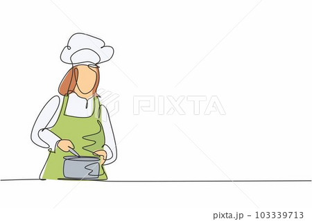 Single one line drawing of young beauty female chef stirring soup on pan to mix seasoning. Healthy organic vegan food modern template one line hand drawn vector illustration minimalism style Single one line drawing of young beauty female chef stirring soup on pan to mix seasoning. Healthy organic vegan food modern template one line hand drawn vector illustration minimalism style 103339713