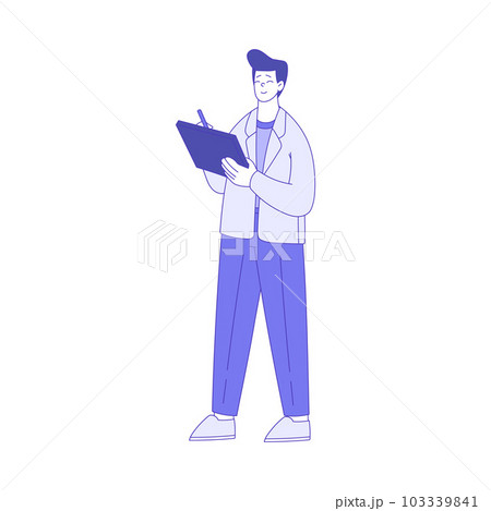 Business Man Character Standing with Tablet and Smiling Vector Illustration 103339841