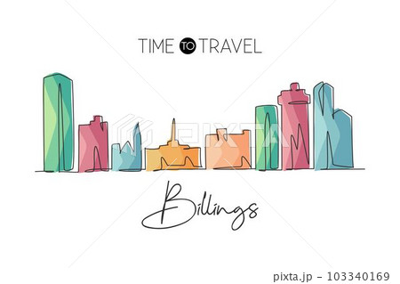 One continuous line drawing Billings city skyline, Montana. Beautiful landmark art. World landscape tourism travel home wall decor poster print. Stylish single line draw design vector illustration One continuous line drawing Billings city skyline, Montana. Beautiful landmark art. World landscape tourism travel home wall decor poster print. Stylish single line draw design vector illustration 103340169