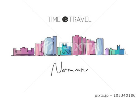 One single line drawing Norman city skyline, Oklahoma. World historical town landscape postcard print. Best holiday destination. Editable stroke trendy continuous line draw design vector illustration 103340186
