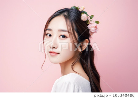 笑顔の女性のポートレート ピンク背景 AI生成画像 ジェネレーティブ AI 笑顔の女性のポートレート ピンク背景 AI生成画像 ジェネレーティブ AI 103340486