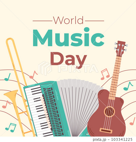 Square background for world music day celebration. Colorful template with musical instruments. Template for invitations, posters, promotions. 103341225