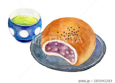 お茶と和菓子のセット あんぱん 水彩イラスト お茶と和菓子のセット あんぱん 水彩イラスト 103341283