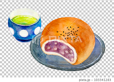 お茶と和菓子のセット あんぱん 水彩イラスト お茶と和菓子のセット あんぱん 水彩イラスト 103341283