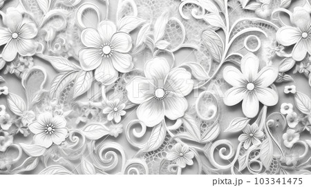 レースパターン背景: 花や葉のモチーフの繊細なレース模様。透明があり背景のコンテンツと調和。