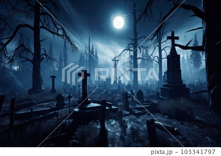Graveyard in spooky death Forest At Halloween Night. 103341797
