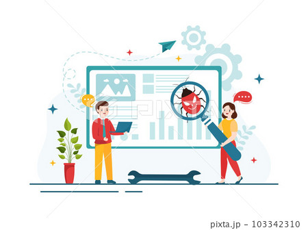 Bug Tracking Vector Illustration with Mobile Phone Protection from Computer Virus on Big Screen in Website Security Flat Cartoon Hand Drawn Templates 103342310