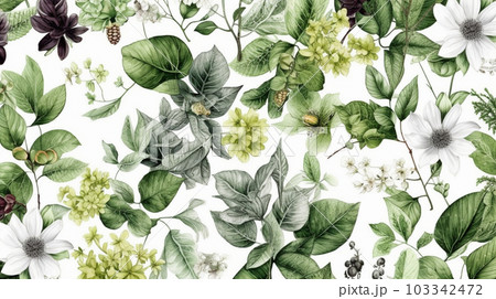 自然要素組合せ背景： 葉、花、枝など自然要素を使った格子模様を作成。自然の美しさや温かみ表現。