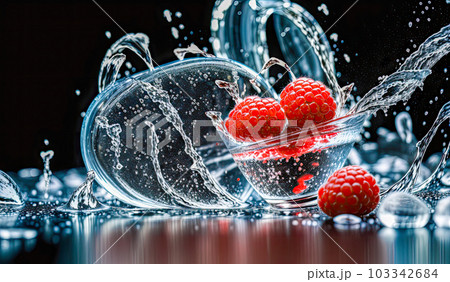 Raspberries splashing into water on black background. Raspberries falling into crystal clear water. Fresh berry fruit. freshness and bright taste of summer berries 103342684