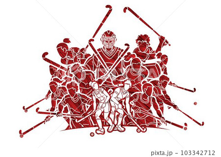 Group of Field Hockey Sport Man and Woman Players Action Cartoon Graphic Vector 103342712