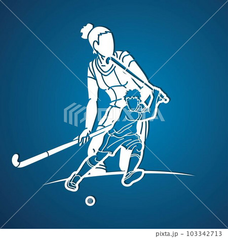 Group of Field Hockey Sport Man and Woman Players Action Cartoon Graphic Vector 103342713