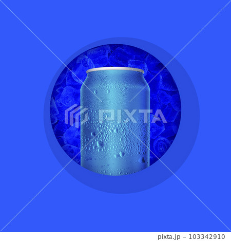 Cans with water droplets and ice on blue background 103342910