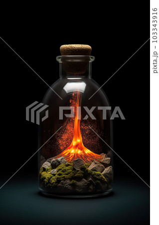 Erupting Volcano with Fiery Lava Flowing Out, Encased in a Bottle Against a Black Background. created with Generative AI Erupting Volcano with Fiery Lava Flowing Out, Encased in a Bottle Against a Black Background. created with Generative AI 103343916