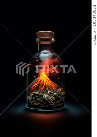 Erupting Volcano with Fiery Lava Flowing Out, Encased in a Bottle Against a Black Background. created with Generative AI 103343923