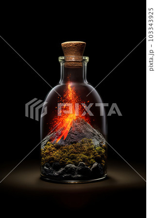 Erupting Volcano with Fiery Lava Flowing Out, Encased in a Bottle Against a Black Background. created with Generative AI 103343925