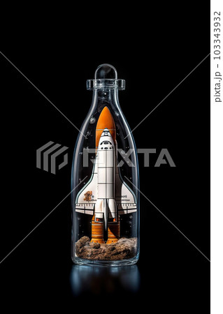 Journey to the Stars: Space Shuttle Embarked on a Cosmic Adventure, Encased in a Bottle Against a Black Background. created with Generative AI Journey to the Stars: Space Shuttle Embarked on a Cosmic Adventure, Encased in a Bottle Against a Black Background. created with Generative AI 103343932