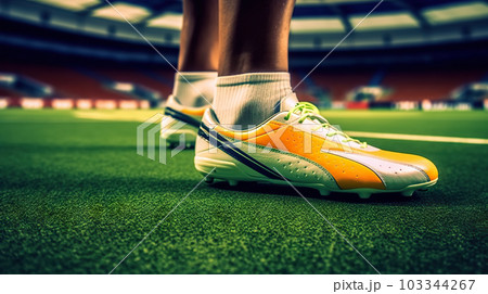 Close-up of Athlete's Feet in Soccer Shoes, Training on the Football Field. created with Generative AI Close-up of Athlete's Feet in Soccer Shoes, Training on the Football Field. created with Generative AI 103344267