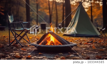 Magical Evening Campfire, Chairs and Tent in Enchanting Forest. created with Generative AI 103344385