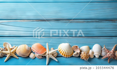 Summer Vibes Seashells on Blue Wooden Background, a Celebration of Summer Holidays. created with Generative AI Summer Vibes Seashells on Blue Wooden Background, a Celebration of Summer Holidays. created with Generative AI 103344476