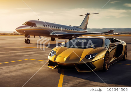 Ultimate Luxury: Super Car and Private Jet on the Landing Strip, Exuding Business Class Service at the Airport. created with Generative AI Ultimate Luxury: Super Car and Private Jet on the Landing Strip, Exuding Business Class Service at the Airport. created with Generative AI 103344506