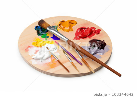Artistic Creativity Unleashed Wooden Art Palette with Colorful Paint Blobs and Brushes on White Background. created with Generative AI 103344642