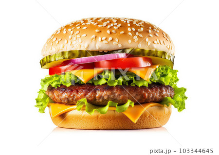 Mouthwatering Delight Delicious Burger Cut Out, Isolated on White Background. created with Generative AI Mouthwatering Delight Delicious Burger Cut Out, Isolated on White Background. created with Generative AI 103344645