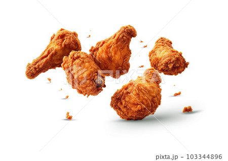 Irresistible Delights Floating Fried Chicken on White Background. created with Generative AI 103344896