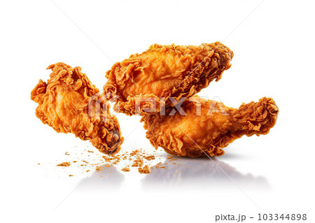Irresistible Delights Floating Fried Chicken on White Background. created with Generative AI 103344898