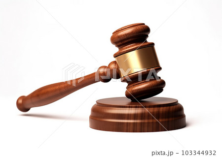 Auctioneer's Authority Wooden Gavel with Gold Clip on Stand, Isolated on White Background. created with Generative AI 103344932