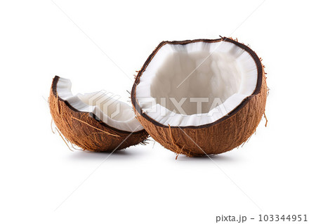 Half Coconut Isolated on Solid White Background. created with Generative AI Half Coconut Isolated on Solid White Background. created with Generative AI 103344951