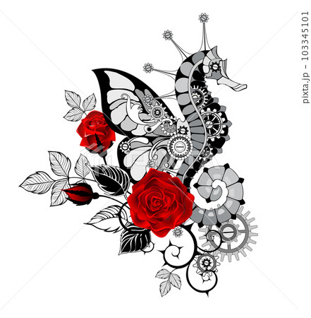 Mechanical seahorse with red roses 103345101