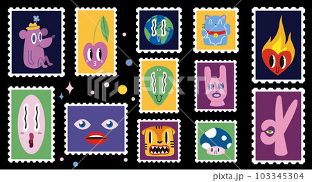 Set of cute hand-drawn post stamps, funny comic characters. 103345304